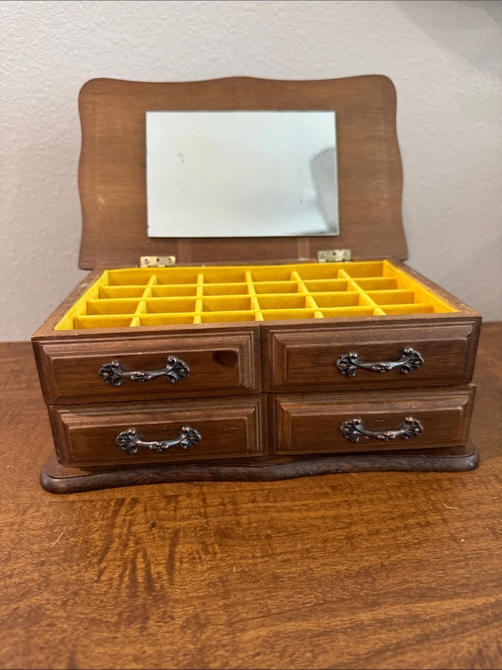Vintage Wooden Jewelry Organizer Box - Brown with gold velvet inside